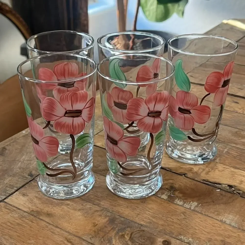 Set of 5 Libbey Hand Painted Desert Rose Style Glasses Tumblers